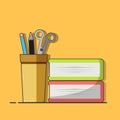 Pencil holder, pen holder, wooden pencil and marker cup, books, stationery flat modern cartoon design isolated on cream background