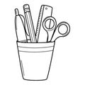 Pencil holder with a ruler, scissors, pen, pencil. Doodle style. Hand-drawn black and white vector illustration. The design