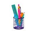 Pencil holder with school office supplies vector illustration in flat simple cartoon modern style