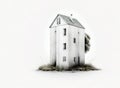 A pencil house. a small three-story house with tall grass growing around it. Minimalistic design. On neutral white background. Royalty Free Stock Photo