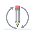 Pencil icon with circular arrows showing rewrite process for revision or editing, emphasizing feedback loop and concept Royalty Free Stock Photo