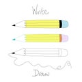 Pencil icon set in naive hand drawn style, with handwritten words `Write` and `Draw` Royalty Free Stock Photo