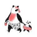 Pencil illustration. Big father panda goes for a walk with his little son on the beach