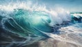 Pencil illustration of wave breaking on beach with blue sky and marine microbiology whirlpool reef Royalty Free Stock Photo