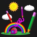 Pencil illustrations house rainbow sun clouds on a black isolated background. Vector image