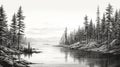 Nostalgic Black And White Lake Drawing With Pine Trees Royalty Free Stock Photo