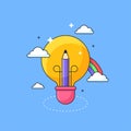 Pencil inside light bulb and cloud rainbow for kids creative imagination visual concept vector illustration Royalty Free Stock Photo