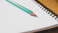 The pencil lies in an open notebook on the office table close-up Royalty Free Stock Photo