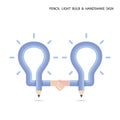 Pencil light bulb and handshake concept on background.