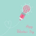 Pencil with light bulb and hearts. Dash line heart. Flat design Happy Valentines day card Royalty Free Stock Photo