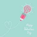 Pencil with light bulb and hearts inside. Dash line heart. Flat design. Happy Valentines day