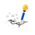 Pencil with lightbulb of idea at buttom writing `IDEA` wording with blowing money