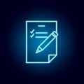 pencil, list, paper outline icon in neon style. elements of education illustration line icon. signs, symbols can be used for web,