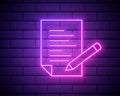 Pencil, list, paper outline icon in neon style. elements of education illustration line icon. signs, symbols can be used for web,