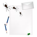 Pencil Lying on Blank Page with Evil Spiders