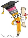 Pencil Mascot cartoon graduate certificate isolated