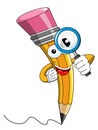 Pencil Mascot cartoon looking magnifying glass