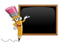 Pencil Mascot cartoon showing blank blackboard isolated