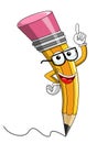 Pencil Mascot cartoon wearing reading glasses finger up