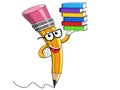 Pencil Mascot cartoon wearing reading glasses pile books isolate