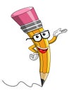 Pencil Mascot cartoon wearing reading glasses presenting isolate
