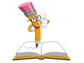 Pencil Mascot thumb up open book isolated