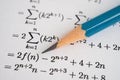 Pencil on mathematic formula exercise test paper in education school Royalty Free Stock Photo