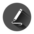 Pencil notepad icon in flat style. Document write vector illustration on black round background with long shadow. Pen drawing