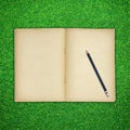 Pencil and old book open on green grass