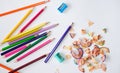 pencil peels from sharpening, sharpeners and a colored pencils Royalty Free Stock Photo