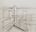 Pencil or pen hand drawn hall, stairs, column, braces. Sketch of Interior art. High ceiling, corridor, railing. Royalty Free Stock Photo