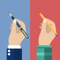 Pencil and pen in hand set for writing. Royalty Free Stock Photo