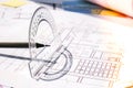 A pencil with a protractor. Architectural Project drawings with tools. Architects workplace. Engineering Interior Royalty Free Stock Photo