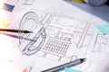 A pencil with a protractor. Architectural Project drawings with tools. Architects workplace. Engineering Interior Royalty Free Stock Photo