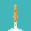 Pencil rocket ship with fire. Isolated on powder blue. fantasy flat vector illustration with flying pencil Royalty Free Stock Photo