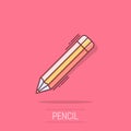 Pencil with rubber eraser icon in comic style. Highlighter vector cartoon illustration pictogram. Pencil business concept splash