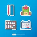 pencil and ruler, backpack, abacus math equipment, energy equivalence formula on whiteboard. knowledge and education flat sticker Royalty Free Stock Photo