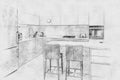 Black and white pencil scetch digital art of modern new kitchen in a luxurious apartment