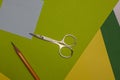 Pencil and scissors on a green background copy space