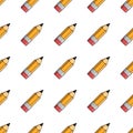 Pencil seamless pattern. Beautiful stunning drawing from school supplies in yellow color with a stroke.