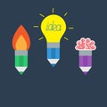 Pencil set with yellow light bulb lamp, rocket fire and brain Business Idea concept. Flat design.