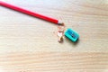 Pencil, sharpener, closeup. Royalty Free Stock Photo
