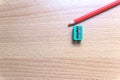 Pencil, sharpener, closeup. Royalty Free Stock Photo