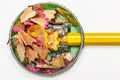 Pencil sharpener with color shavings on a white background
