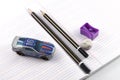 Pencil, Sharpener, Eraser, Book, Work and play. Childhood. Royalty Free Stock Photo