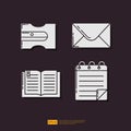 Pencil sharpener, paper envelope email, open reading text book, document note. School or office stationery glyph icon set. Vector Royalty Free Stock Photo