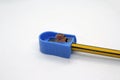 Pencil and sharpener. Sharpening pencil. School pencil and sharpener. Royalty Free Stock Photo