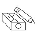 Pencil and sharpener thin line icon, stationery concept, sharpened wooden pencil sign on white background, school pencil