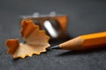 Pencil with shavings and sharpener up close Royalty Free Stock Photo