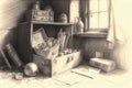 pencil sketch of an attic, with boxes and trinkets, offering a peek into the past Royalty Free Stock Photo